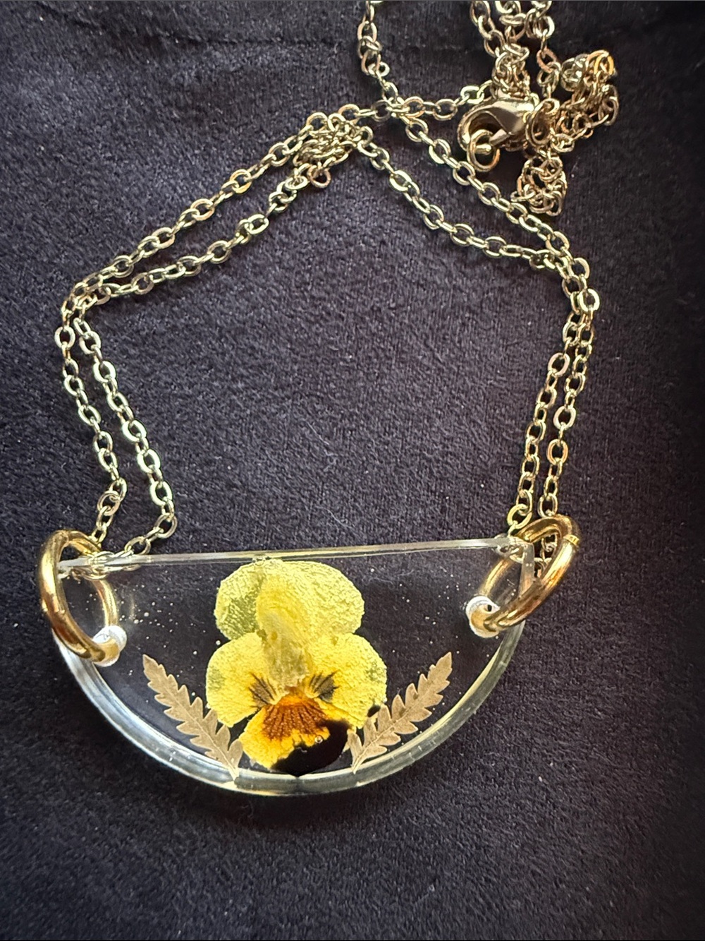 Gold color Chain Necklace with Yellow Pressed real Flower Pendant.